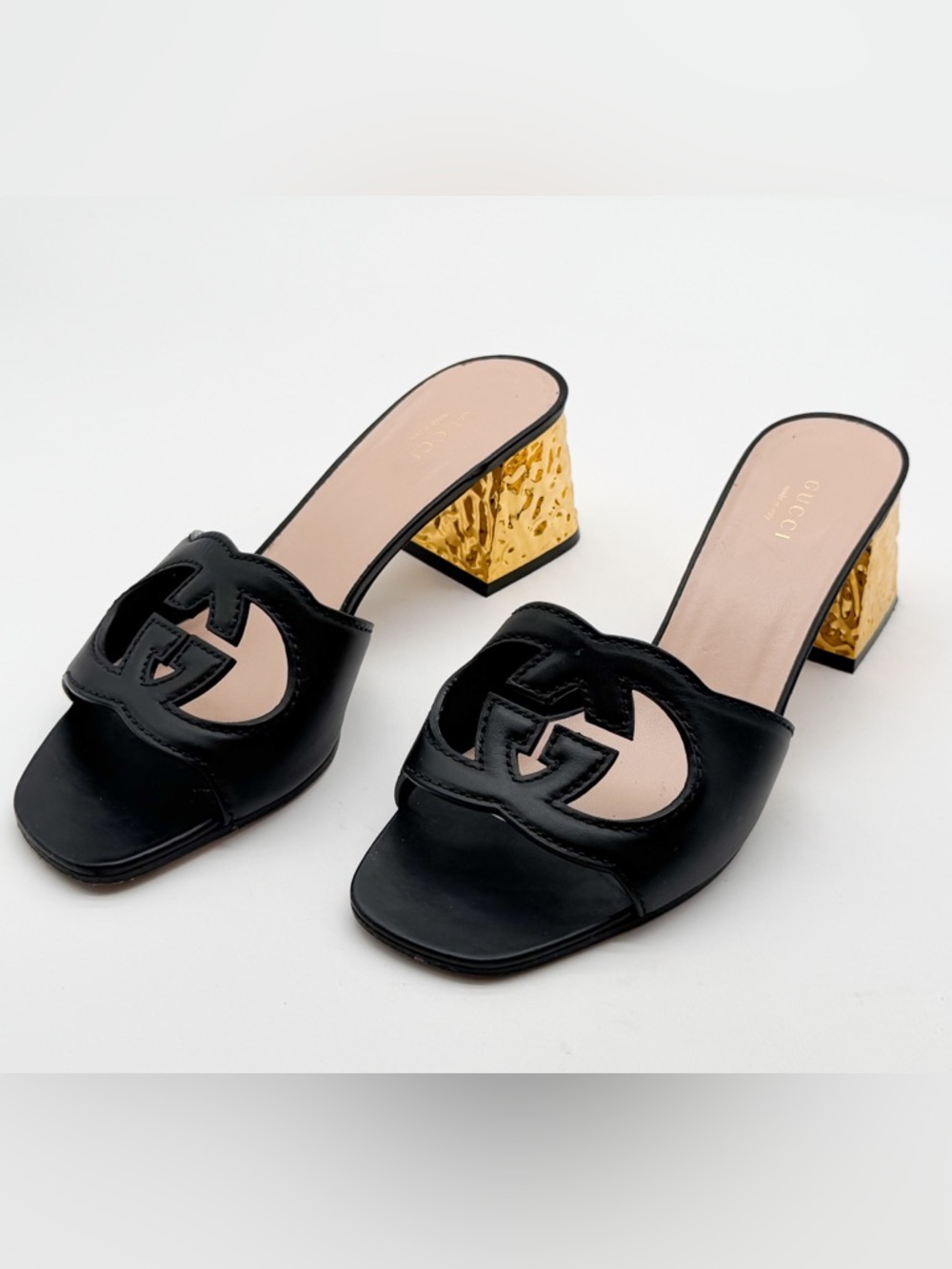 Gucci Cosmos Cut Out GG Slide Black Leather Sandals Gold Heel EU 39.5 US 9.5 - Picture 3 of 11